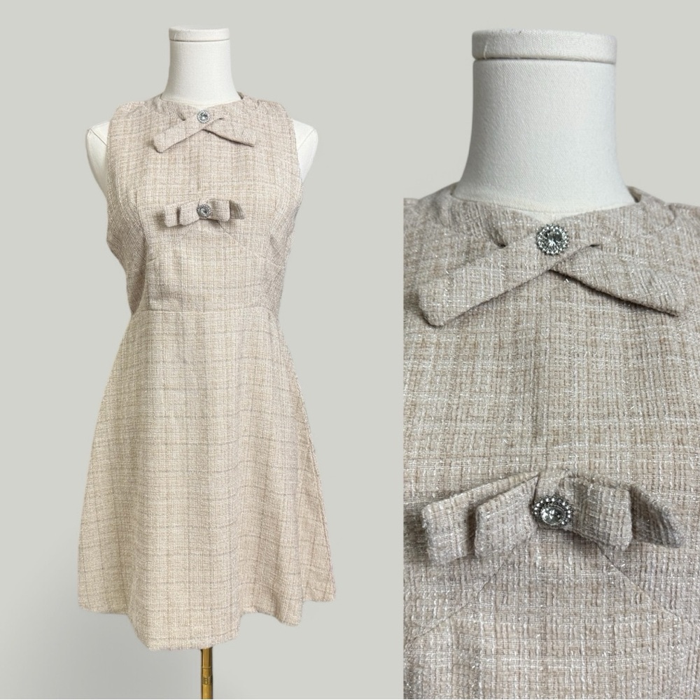 Sleeveless Beige Tweed Mini Dress with Decorative Buttons